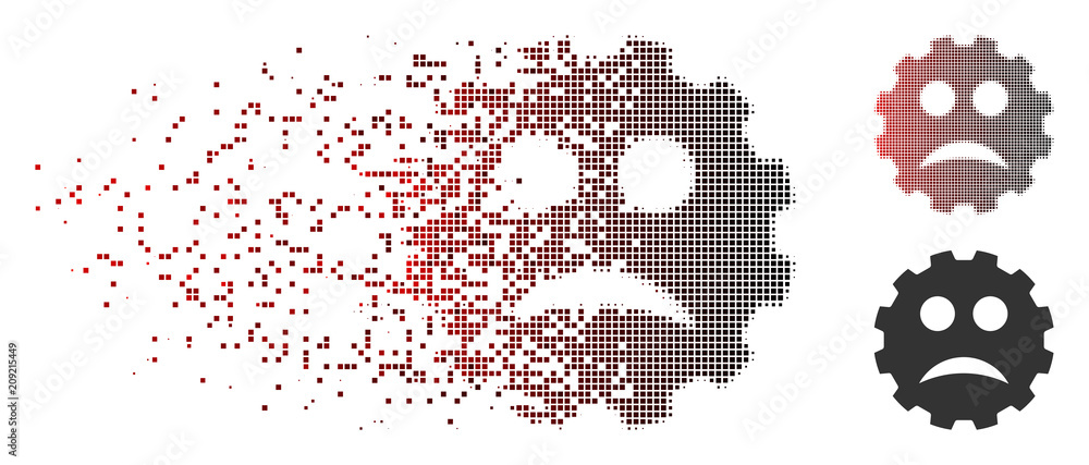 Poster vector sad smiley gear icon in dissolved, dotted halftone and undamaged entire variants. disintegrat