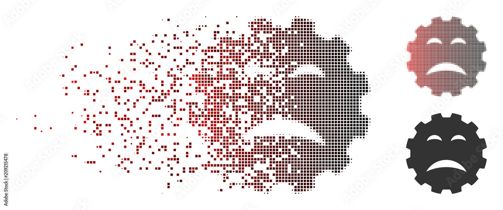 Poster vector sadly smiley gear icon in sparkle, dotted halftone and undamaged entire variants. disappearin