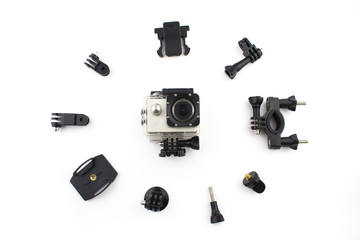 Action camera stuff isolated on wight background. Action camera set, waterproof box, clamping