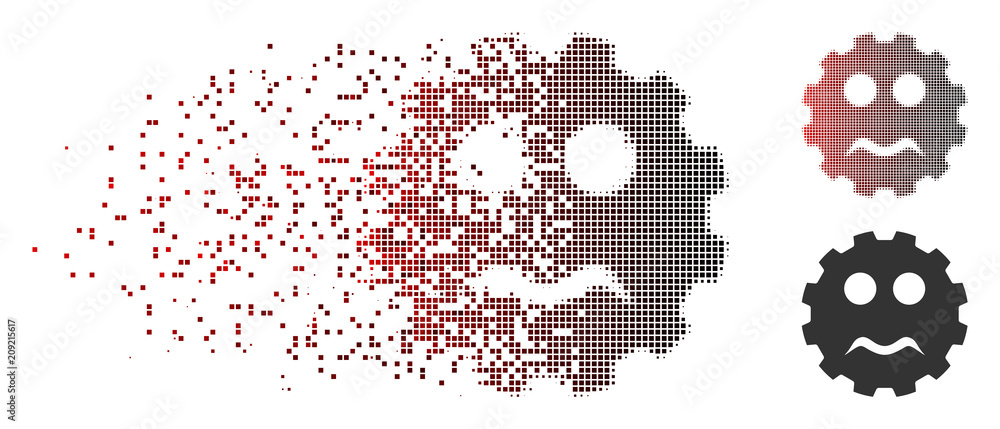 Poster vector serious smiley gear icon in sparkle, pixelated halftone and undamaged whole versions. disappe
