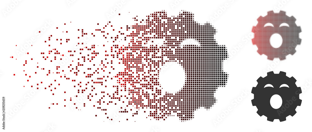 Poster vector sleepy smiley gear icon in fractured, pixelated halftone and undamaged entire versions. disap