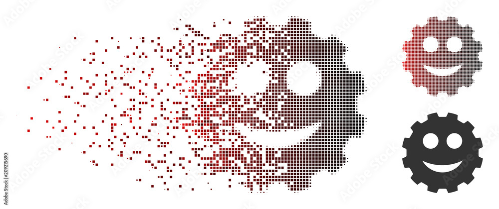 Poster vector smile smiley gear icon in dispersed, dotted halftone and undamaged solid versions. disappeari