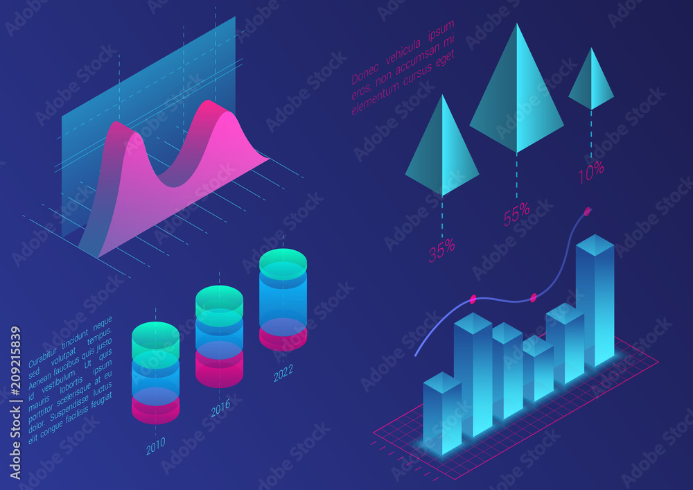 Poster Infographic isometric vector graph elements. Data and business financial diagrams graphs. Statistic data. Gradient color template for presentation, sales banner, income report design, website.