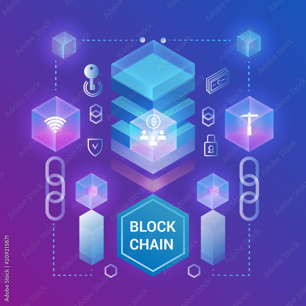 Aufkleber Cryptocurrency and blockchain isometric concept template . Isometric vector illustration. Web design, presentation banner.