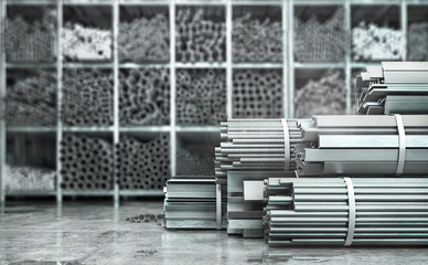 Metal rolled products on a blurred background. 3d illustration