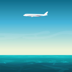 Aircraft airplane in the empty sky under ocean sea cartoon vector illustration.