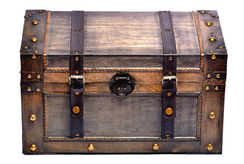 Old wooden chest with ornamental forging and leather straps isolated on white background