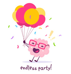 Obraz na płótnie Canvas Vector illustration of pink color smile brain with glasses holding bunch of balloons on white background. Celebration party cartoon brain concept.