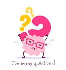 Vector illustration of pink color smile brain with glasses holding question mark on white background. Very strong cartoon brain concept