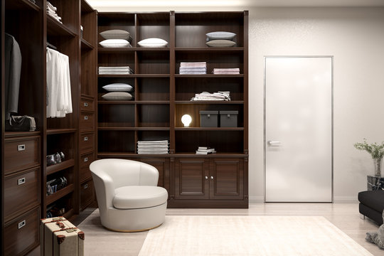 Beautiful Wood Horizontal Wardrobe And Walk In Closet. 3d Illustration