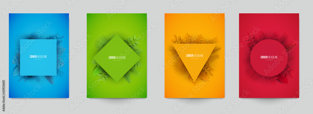 Wall mural set of minimal geometric background with tropical leafs in paper cut style, design for branding, adv