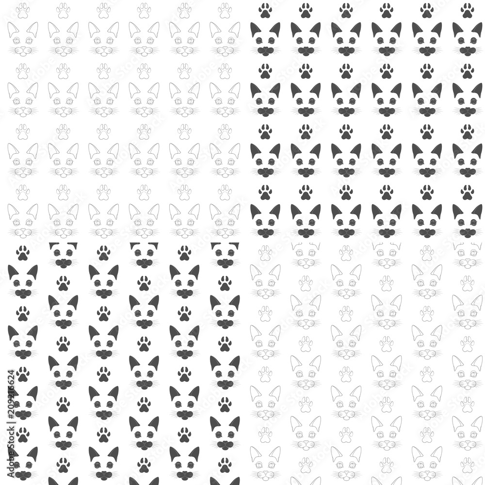 Poster set of seamless patterns with cats muzzles and paws. vector black and white backgrounds with isolate