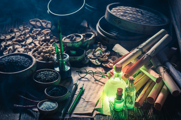 Magical scrolls and recipe in old kitchen laboratory