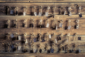 Front view of aged keys with number in hotel