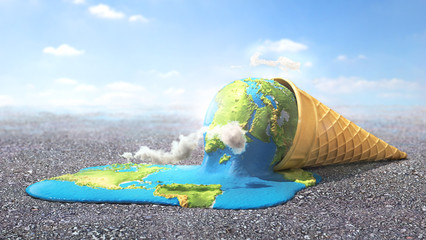 Global warning. Planet as melting ice cream under hot sun. 3d illustration - obrazy, fototapety, plakaty
