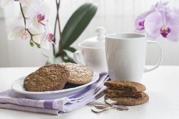 Breakfast with homemade milk chocolate biscuits