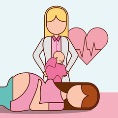 pregnancy fertilization heart life line mother with doctor holding mothers baby vector illustration
