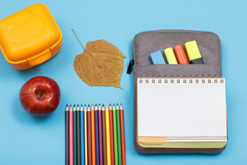 Color pencils, apple, sandwich box, dry leaf, open exercise book on bag-pencil case with color felt...