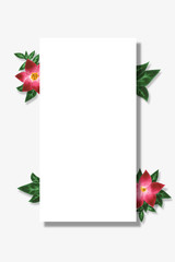 Green leaves and red pink flowers. Watercolor floral card isolated on white background