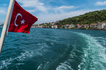 Beautiful View of Bosphorus Coastline with Flag of Turkey in Istanbul