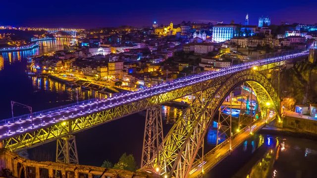 Time-lapse view on the illuminated Old Town and the iconic Dom Luis Bridge at the River Duro in Porto during sunset
