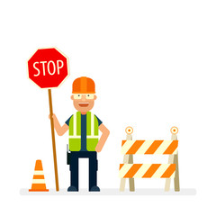 Road worker holding stop sign. Flat character.