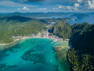 Fototapeta premium Aerial drone view of the town of El Nido in Palawan, Philippines