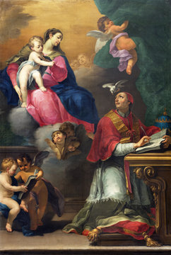 REGGIO EMILIA, ITALY - APRIL 12, 2018: The painting of Madonna with the child and the saint in church Basilica di San Prospero by Camillo Procaccini (1585 - 1587).