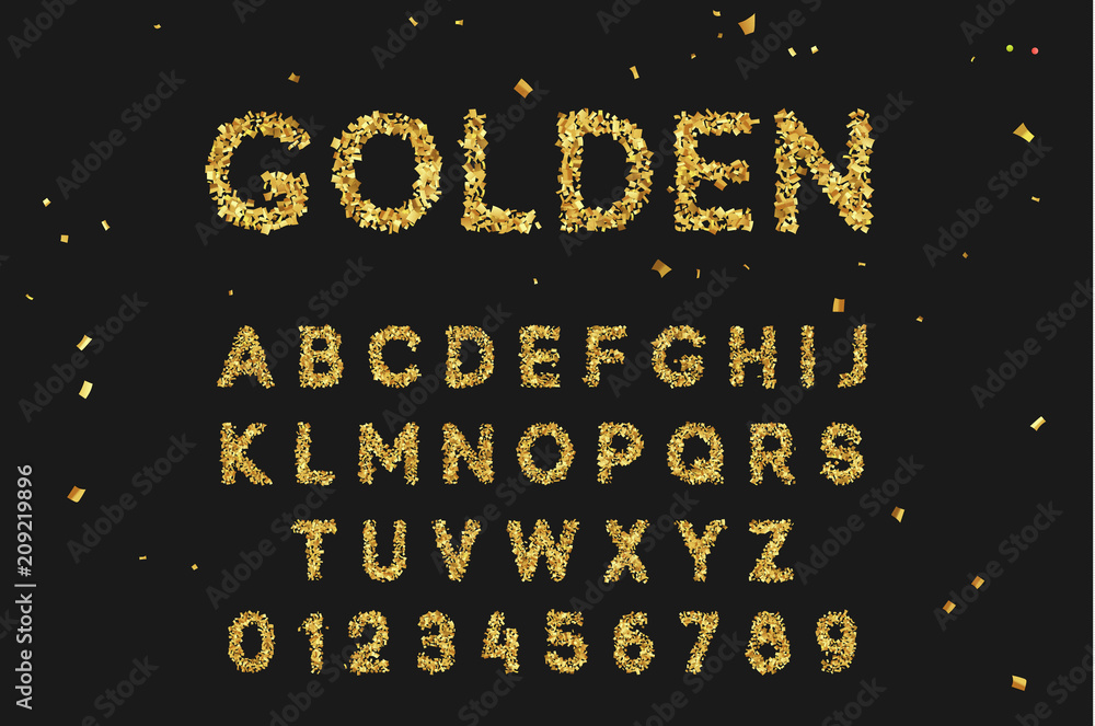 Aufkleber gold font set with letters from multi-colored paper confetti.