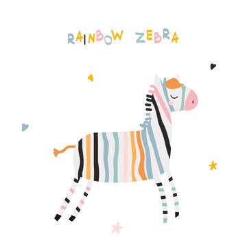 Funny rainbow zebra with lettering. Kids fashion print. Vector hand drawn illustration.