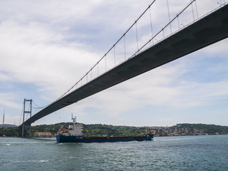 Beautiful View of Bosphorus Coastline in Istanbul and Bridge between Europe and Asia Above