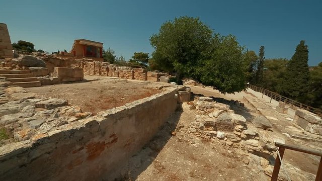 Ultra wide angle panning shot of the north entrance to the Minoan Palace of Knossos in Heraklion, Crete, Greece