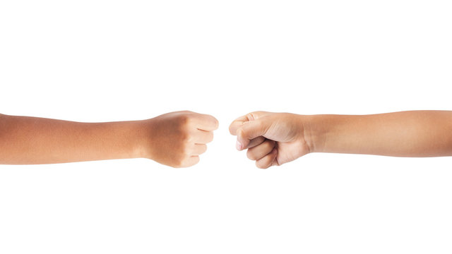 Kid hand with fist gesture isolated on white background. Clipping path included