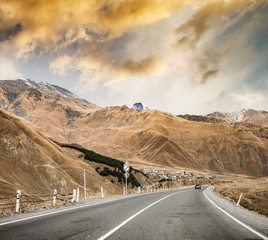 Landscape with sunny views of military road in Georgia