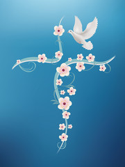 Christian baptism cross with flowers and dove on a blue background