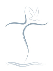 Obraz premium Concept baptism with stylized isolated Christian cross with dove and water waves