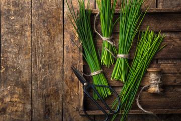 fresh chives on wooden rustic background