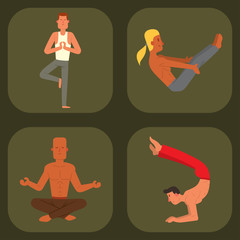 Yoga positions mans characters class vector card illustration meditation male concentration human peace sport lifestyle relaxation health exercise.