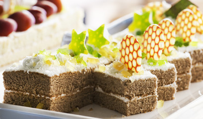 Biscuit cake, decorated with cream and white chocolate on a white plate. Selective focus