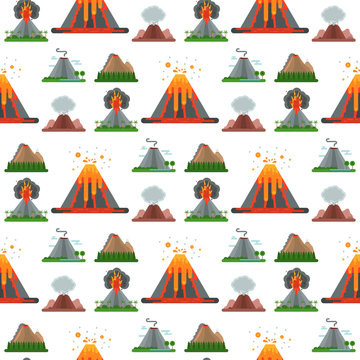 Volcano magma vector nature blowing up with smoke crater volcanic mountain hot natural eruption earthquake seamless pattern background illustration.