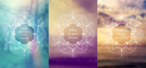 Set of three template for card or poster, vertical format; Spiritual sacred geometry on blurred background with place for your text; "Flower of life" and lotus; Yoga, meditation and relax.