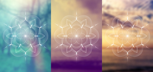 Set of three template for card or poster, vertical format; Spiritual abstract sacred geometry on wonderful blurred background; 