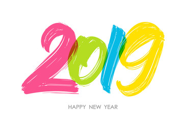 Vector illustration: Hand drawn colorful brush type lettering of 2019. Happy New Year