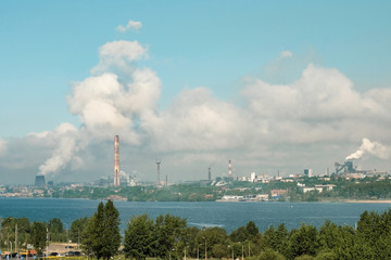 The most polluted city in Russia is Cherepovets. Gray smoke from the pipes smog clouds over the city. Landscape. high mortality. Contaminated environment. Metallurgical factory, environmental problem.