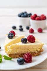 Homemade cheesecake with raspberries and blueberries