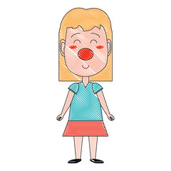 Happy cute girl with red nose and wearing a skirt over white background, vector illustration