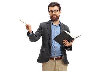 Professor holding a book and pointing with a wooden stick