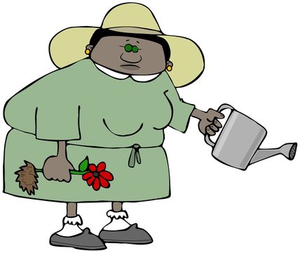 Illustration of a black woman wearing a straw hat holding a red flower with dirt on its roots and a metal watering can.