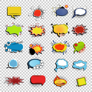 Set of picture blank template comic speech chat bubble in style pop art without background.