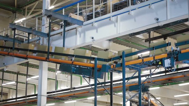 Packages On Conveyor Belt In Distribution Warehouse